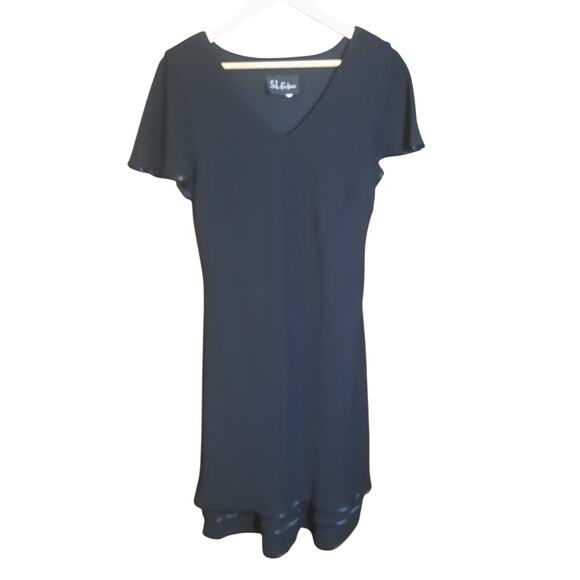 S.L. Fashions Womens Black Short Sleeve Layered Hem Satin Trim Dress Size 12 - Picture 1 of 5